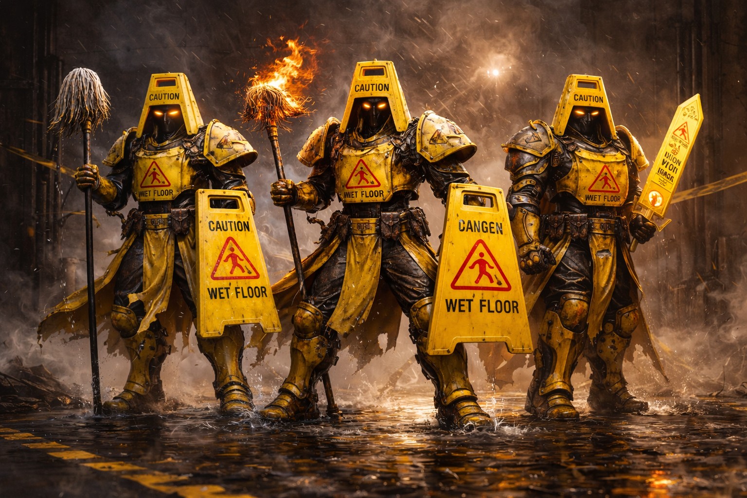 A battle-worn warrior clad in yellow Caution Wet Floor sign armor, wielding a mop and holding a wet floor sign as a shield, standing in rain-soaked ruins